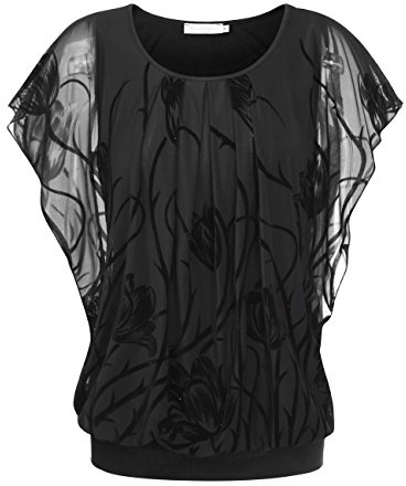BAISHENGGT Women's Floral Flared Short Sleeve Mesh Blouse Top XX-Large Black-Flocking