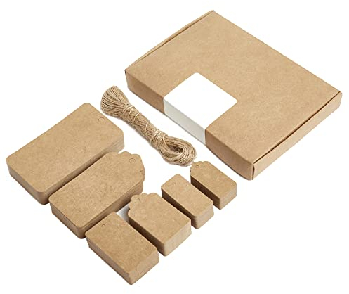 Box.it.pack.it Geschenkanhänger aus Kraftpapier, braun, gemischte Form, 200 Stück mit Schnur, 9 x 5 cm, 5 x 3 cm, 4 x 2 cm, 8 x 4 cm, 5 x 3 cm, 4 x 2 cm