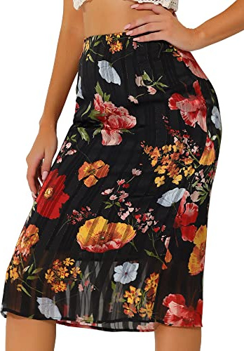Allegra K Falda Midi De Gasa De Verano con Estampado Floral para Mujer Negro XS