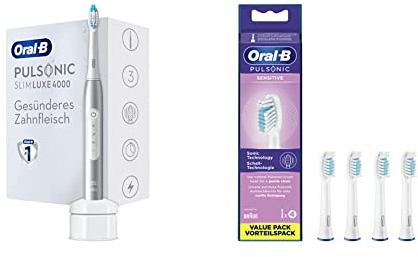 Oral-B Pulsonic Slim Luxe 4000 Elektrische Schallzahnbürste, platin & Pulsonic Sensitive Aufsteckbürsten für Schallzahnbürsten, 4 Stück, Zahnbürstenaufsatz für Oral-B Schallzahnbürste
