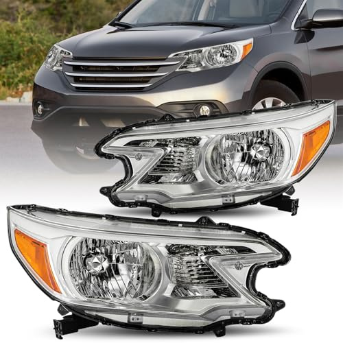 JSBOYAT Headlight Assembly Replacement for 2012-2014 Honda CR-V Front Headlamp Halogen Head Light Lamp Chrome Housing with Amber Reflector |33100T0AA01| 33150T0AA01| HO2503148| HO2502148 (L+R)