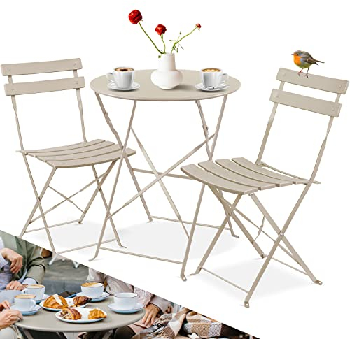 KESSER® Salon de jardin en métal avec 1 table et 2 chaises pliantes pour balcon, jardin, cappuccino