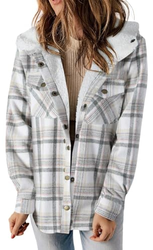 Dokotoo Women Flannel Jacket Fleece Lined Shacket Plaid Hooded Coat White M