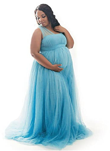 Vuncio Robe Tulle Grossesse Dentelle Shooting Photo sans Manches Col V Robe Maternité Fête Soirée Cérémonie Photographie Maxi Robe Grossesse Chic Et Elegant Pas Cher Mariage (Blue, XL)