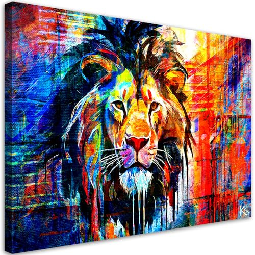 Feeby - Leinwand Bilder - Bunter Löwe - 60x40 cm - Deko Wohnzimmer - Wandbilder Schlafzimmer - Deko Aesthetic - Wand Deko - Leinwand Groß - Deko Zimmer - Leinwandbilder XXL