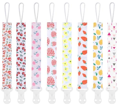 Smlpuame 8 Pezzi Catenella Portaciuccio, Catenella Ciuccio per Bambini, Set Porta Ciuccio con Clip Adatto a Tutti i Ciucci per Maschio e Femmina, Giocattoli per la Dentizione del Bambino(Rosa, Frutta)