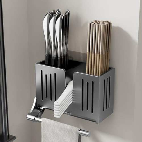 BBTISG Égouttoir Mural pour Couverts de Cuisine, Égouttoir à Couverts avec 3 Compartiments Égouttoir à Vaisselle avec Plateau D'égouttement (Gris avec Poteau)