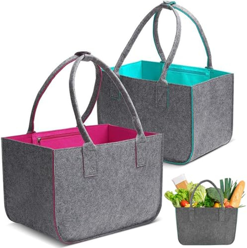 YOYEAH filtväskor shopper stor 30 l (set om 2) – vikbar filtkorg shoppingväska med förstärkta handtag – robust och hållbar för shopping, resor, arbete och picknick – grön/lila