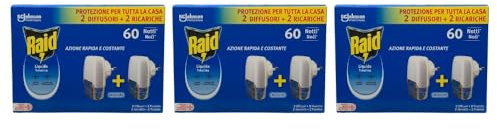 Liquido Elettrico Antizanzare Comuni e Tigre, Inodore, Confezione da 2 Diffusori e 2 Ricariche, 60 Notti (3 Unità)