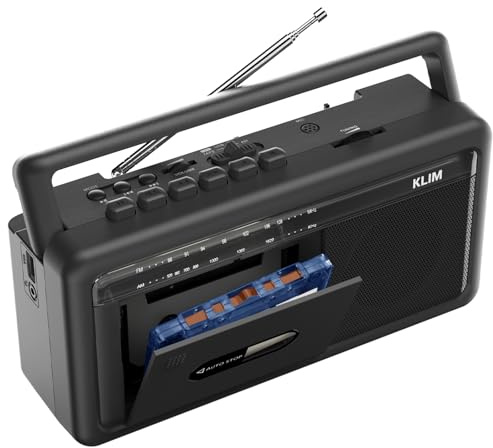 Klim Reproductor de Casete portátil y grabadora de Cinta, Boombox con Radio Am/FM, USB, Bluetooth, Altavoz y Conector para Auriculares, Funciona con batería y CA, Color Negro