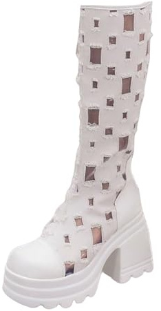 Stivali lunghi da donna con plateau britannico e tacco alto al ginocchio, stivali alti con chiusura lampo posteriore, suola spessa antiscivolo, bianco, 42 EU