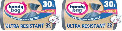 Handy Bag Sacs poubelle à liens pratique Ultra Résistant & Fond anti-fuite, 100% plastique recyclé, 1 rouleau de 20 sacs poubelle 30L (Lot de 2)