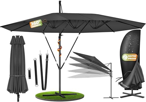 KESSER Ombrellone doppio, 4,6 m x 2,7 m, copertura per ombrellone e protezione antivento con manovella e supporto, in alluminio impermeabile, inclinabile, girevole a 360°, antracite., Ohne LED