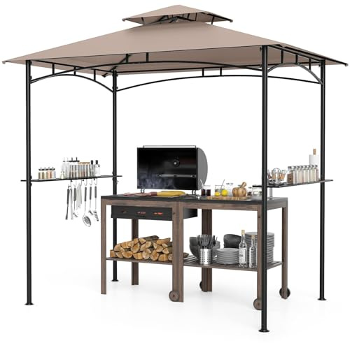 COSTWAY Carpa de Barbacoa 242 x 150 cm, Pergolas de Jardin de Techo Doble con 2 Estantes, 6 Ganchos, Estructura Metálica, Cenador para BBQ Jardín Terraza Fiesta Picnic (café)