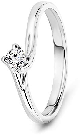 MIORE Anello Donna Solitario con Diamante taglio Brillante Ct. 0.12 in Oro Bianco 18 Kt 750, Anello realizzato a mano da maestri Orafi di Valenza PO