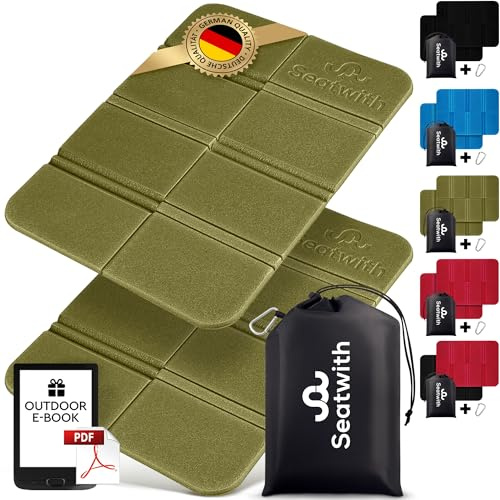 Seatwith Esterilla Plegable para Sentarse - 2 Piezas - Esterilla Camping Aislante con Bolsa de Viaje - Mosquetón para Colgarlo - Protección contra el Frío, Humedad, Tierra - E-Book, cojin Plegable