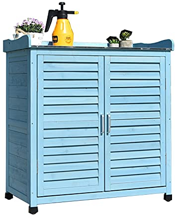 YYUN Table de Plantation pour Balcon Jardin, Surface de Travail Métallique avec Armoire et Crochet, Bois Naturel de Sapin, Protection Solaire Anti-Pluie, Armoire de Rangement pour Balcon de La Cour