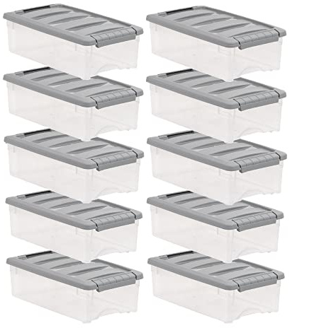 Amazon Basics Plastic Storage Containers with Secure Latching Lids, Stackable Organization Bins for Organizing, Clear/Grey, 5 Quart, Set of 10