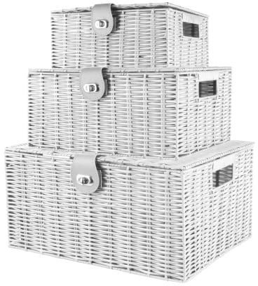 Unibos | Woven Wicker Hamper Basket | Comes with Lid & Lock | Decorative Storage Box | Resin Shelf Storage Baskets | for Organizing Toys, Clothes, Office etc | Insert Handles | Set of 3 | 𝗪𝗛𝗜𝗧𝗘