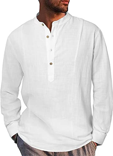 LVCBL Mens Linen Henley Shirts Long Sleeve Shirt Grandad Shirt Button Up Summer Tops White XL
