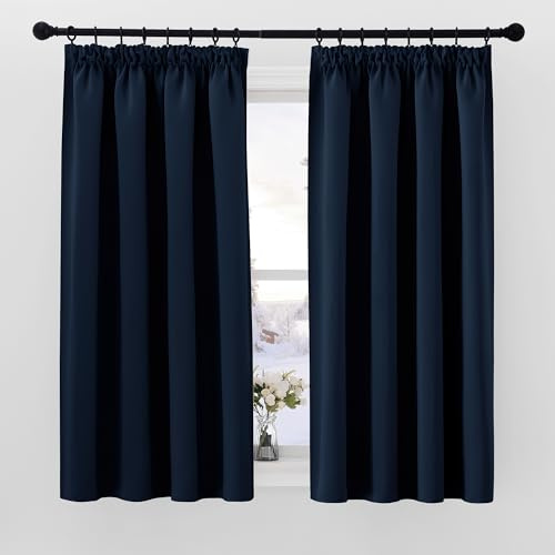 PONY DANCE Blackout Pencil Pleat Curtains, Navy Blue, W46 x L45, 2 Panels | Thermal Insulated Curtains with Noise Reducing & Privacy, Luxury Soft Window Treatment for Bedroom, Living Room & Kitchen