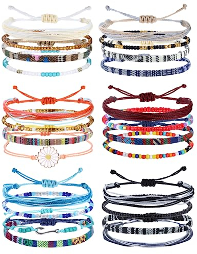 Adramata 24 Stück String Wave Fußkettchen Armbänder für Frauen Surfer Wave Armband Verstellbare Handgefertigte Freundschaftsarmband Boho Armbänder Fußkettchen,B