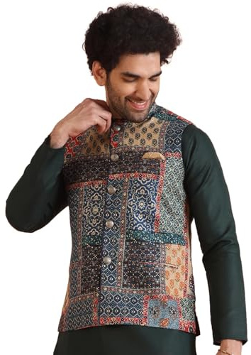 KISAH Men's Multi-Color Printed Cotton Nehru Jacket- Traditional Indian Waistcoat for Weddings & Festive Occasions