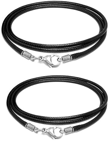 2 Collier Homme en Cuir Tressé Noir avec Fermoir Acier Inoxydable Waterproof