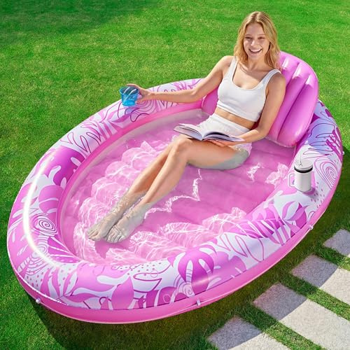 SLOOSH Inflatable Tanning Pool Lounger Float, 70 x 50 Pool Floats Adult with Pillow, 4 in 1 Oval Suntan Tub Raft Floatie,Sunbathing Bed Lounge for Water Blow Up Ball Pit Party Gifts, Pink