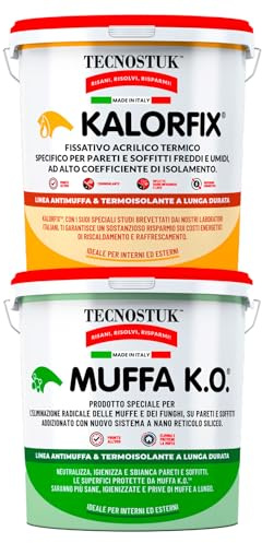 Tecnostuk Muffa K.O. Fondo Antimuffa Sbiancante Eurocali per Muri Ecologico e Traspirante 3L + Kalorfix Fissativo Isolante Termico per Muri Interni ed Esterni Contro Muffa e Batteri 5L - Made in Italy