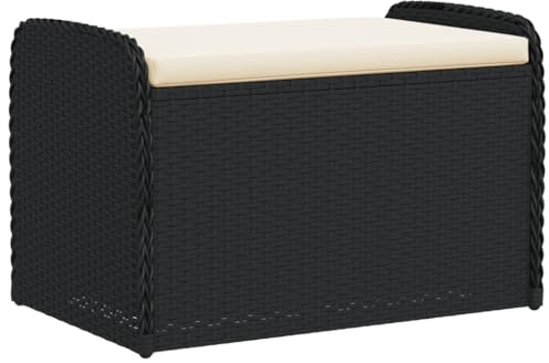 vidaXL Banco de Almacenaje con Cojín, Asiento Exterior, Caja Almacenamiento, Mueble Banco para Patio Jardín Terraza, Ratán Sintético Negro