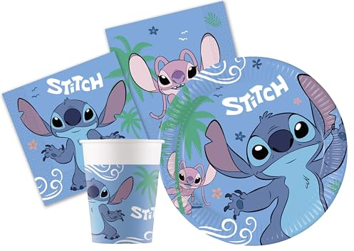 Kit Vaisselle de Fête Disney Stitch & Angel pour 24 Personnes (88 pcs: 24 Assiettes Ø23cm, 24 Assiettes Ø20cm, 24 gobelets 200ml, 40 Serviettes 33x33cm) en Papier FSC, Bleu