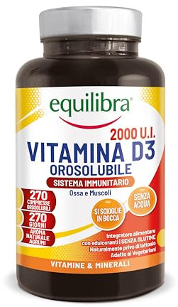 equilibra, Vitamina D3 2000 UI, 270 Compresse, 50 mcg per Compressa, Orosolubile, per il Benessere di Ossa e Muscoli, Supporto al Sistema Immunitario, Vegetariano, Senza Glutine, Senza Lattosio