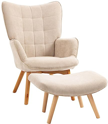 HOMCOM Poltrona Relax con Pouf Poggiapiedi, Poltrona da Camera da Letto e Salotto in Velluto a Costine con Schienale Alto e Braccioli, Beige