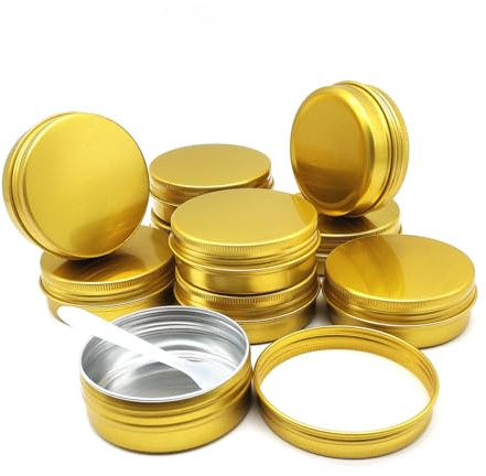 Wopanxye 10 latas redondas de bálsamo labial de 60 ml, latas de aluminio de 60 g, recipientes de muestra cosméticos dorados con tapa de rosca, tarros de viaje de almacenamiento vacíos de metal de 60 g