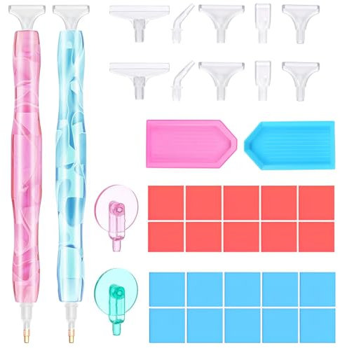 ElevaPulse Diamond Painting Zubehör, Diamond Painting Stift 26-Teiliges Diamant-Malzubehör Set In Rosa & Blau – Inklusive 2 Stifte, 10 Ersatzköpfe, 2 Rollen & Kleber – Perfekt Für Diamond Painting