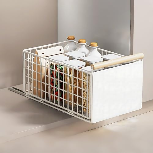 Teleskopschublade, Faltbar Ausziehbare Schublade Küche, 23.5*19.5*39.5~56.5cm, Metall Ausziehbarer Schrank Organizer, Kein Bohren Pull Out Cabinet Drawer Organizer, Küchenschrank Organizer, weiß