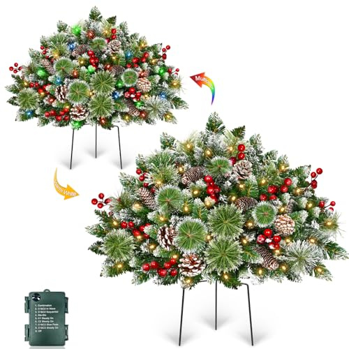 Timer - 2 Pack 24 Lighted Outdoor Christmas Tree Urn Fillers,Warm White&Colorful Lights 8 Mode Snowy Pinecone Red Berry Battery Operated Tripod Stake Holiday Planters Outdoor Christmas Decorations