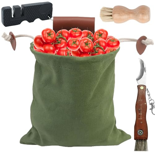 Sac pour recherche de nourriture, 20 × 15 cm, sac à cueillette de fruits, en toile, avec balai et couteau à champignons, sac de chasse pliable, couteau à champignons avec brosse, brosse à champignons