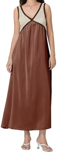 Vestido casual de verano con retazos para mujer, vestido de playa con bloques de color, vestido sin mangas con cuello en V, vestidos de playa sueltos, Marrón oscuro-maxi, S