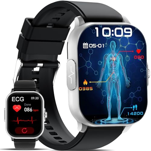 Smartwatch for Men Women with ECG BMI Blood Pressure Bluetooth Calls/24H Heart rate/Body Temperature - 2.01 HD Health Watch Sleep Monitor/SpO2/Apnea Fitness Smartwatch for iOS Android (Silver-black)