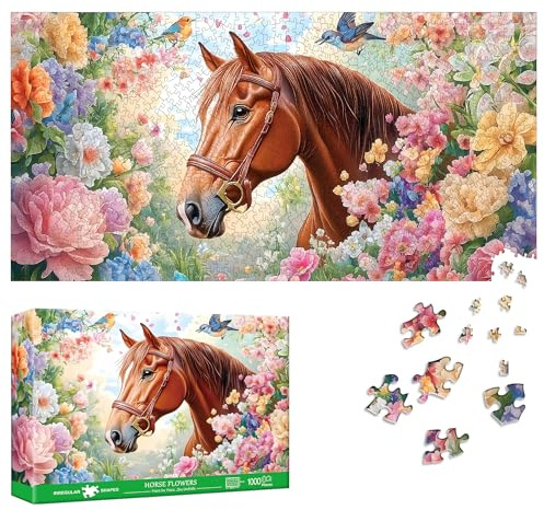 Reofrey Puzzles for Adults 1000 Pieces - HORSE FLOWERS, Special Shape Jigsaw Puzzles, Challenging Impossible Puzzle, Fun Family Game & Unique Home Decor (16x31 Inch / 41x80cm) Idea