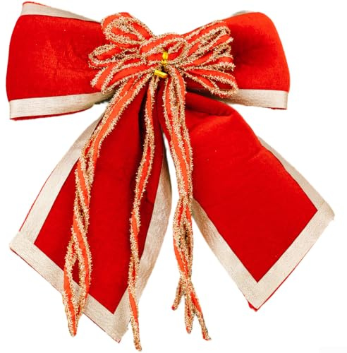 Velvet Bow Decoration for Holiday Use with Plush Flocked Edges, Large Size for Striking Visual Effect, Flexible Wire for Easy Adjustment on Garlands (Red)