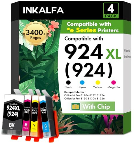 924 Cartuccie Multipack 8132e 8122e Compatibile per HP Cartuccie XL per HP924 924XL 924e per HP OfficeJet Pro 8132e 8122e 8120e 8130e 8125e 8124e Cartuccie per stampanti (Nero Ciano Magenta Giallo)