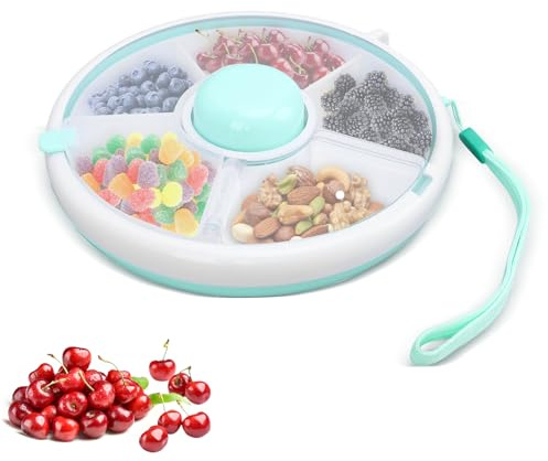 Megcdtr Roterbar snackslåda, 5-fack svarvlåda med bärhandtag (18 cm/grön) | Återanvändbar, bärbar mellanmålsbricka, perfekt för hemma i skolan vid picknick och resor
