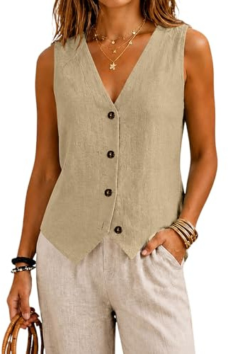 Chaleco de Algodón y Lino para Mujer, Sin Mangas, Cuello en V | Botones Frontales Chaquetas Casual Elegante Ropa Mujer Camisetas Basicas, Ideal Para Oficina y Verano, Sólido y Ajustado