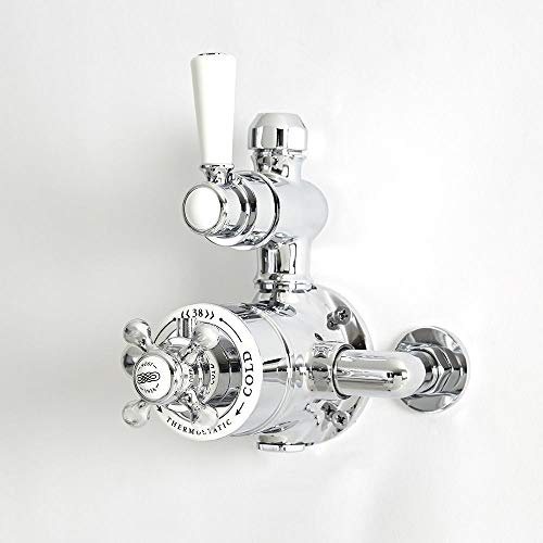 MILANO Exposed Twin Thermostatic Mixer Shower Valve Chrome White | Brass Construction. Lever & Crosshead Handles. Thermostatic Operation. Traditional Style. Suitable For All Plumbing Systems.