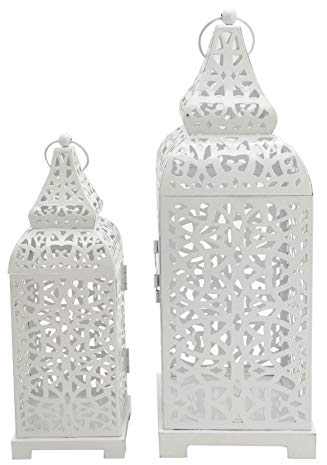 Rebecca Mobili 2 STK. Kerzenhalter Laternen Ethnisches Metall, Hochglanzweiß, Für Blumenkerzen, Garten Wohnzimmer - Maße: 39 x 14,5 x 14,5 cm (HxLxb) - Art. RE6551