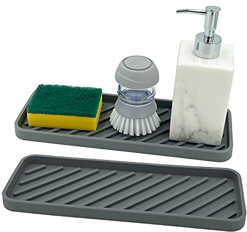 Leadfun Spülbecken Organizer Silikon Schwammhalter 30cm x 11cm, Küche Bad Organizer für Schwämme, Bürsten, Seife, Abtropfmatte Silikon, Spülmaschinenfestes（Grau, 2 Stück）