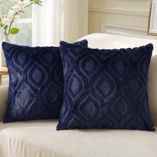 decorUhome Set of 2 Faux Fur Cushion Covers 40x40 cm, Decorative Soft Plush Fluffy Velvet Cushion Cover 16X16 Inch, Square Boho Neutral Pillow case for Sofa, Navy